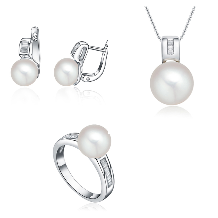Rhodium Plated 925 Sterling Silver Zircon 925 Freshwater Pearl Wedding Jewellery Set(图4)
