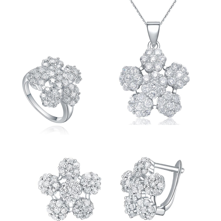 Rhodium Plated Women CZ 925 Sterling Silver Fashion Cubic Zirconia Flower Jewelry Set(图4)