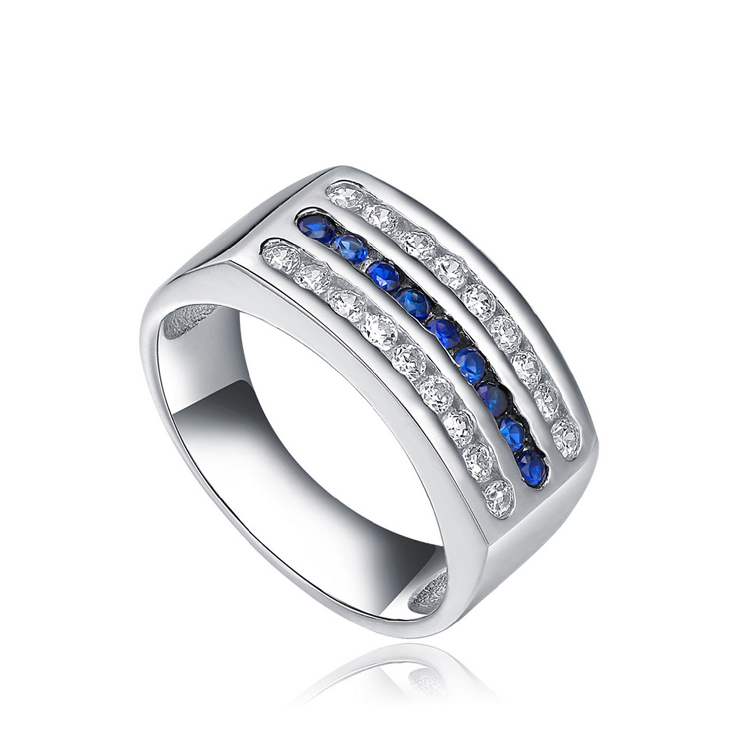 925 Sterling Silver Ring Three Line Row Round Blue Sapphire Fine Jewelry ring Men Women Wedding ring(图2)
