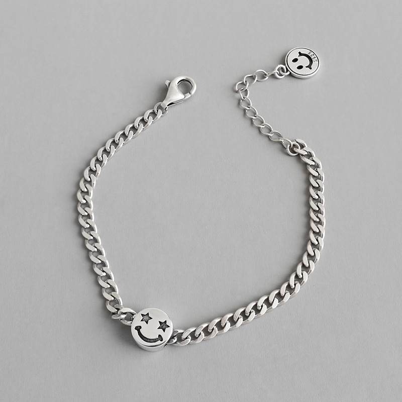 Fashion Pop 925 Sterling silver rhodium-plated ladys lucky Smiley face bracelet(图3)