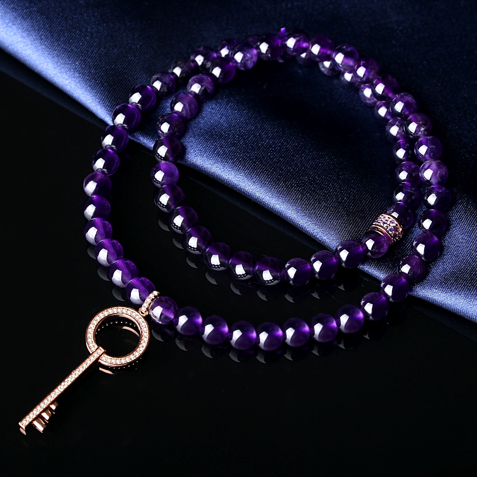 6MM Healing Crystal Stretch Beaded Bracelet Women Men Handmade Rose Gold Plated Key Charm Round Amethyst Beads Bracelet