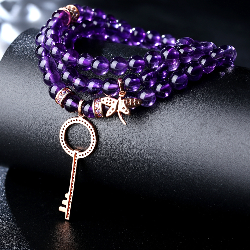 6MM Healing Crystal Stretch Beaded Bracelet Women Men Handmade Rose Gold Plated Key Charm Round Amethyst Beads Bracelet