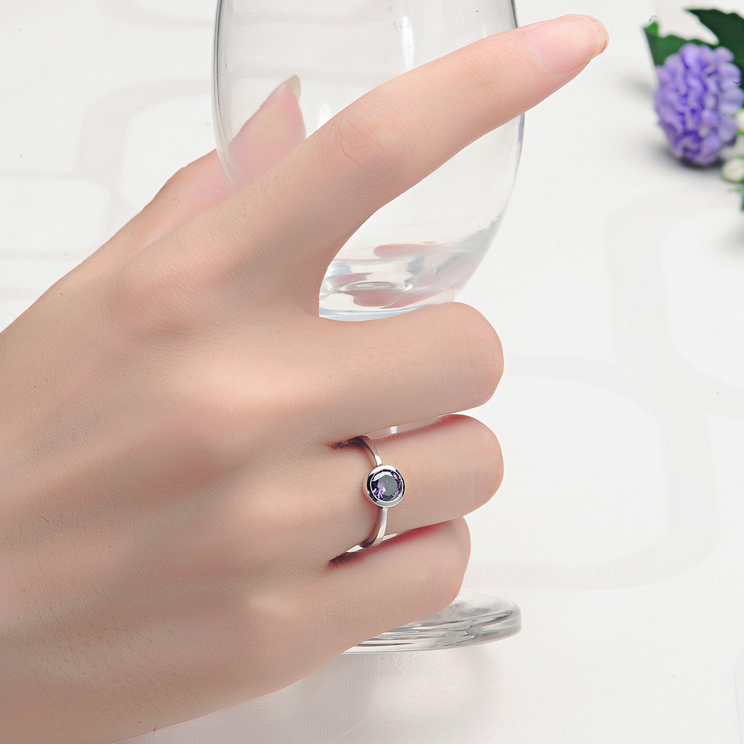 Light Simple Small Round Purple CZ Solitary jewelry Female Cute Finger Ring Wearring Women Gift Ring(图3)