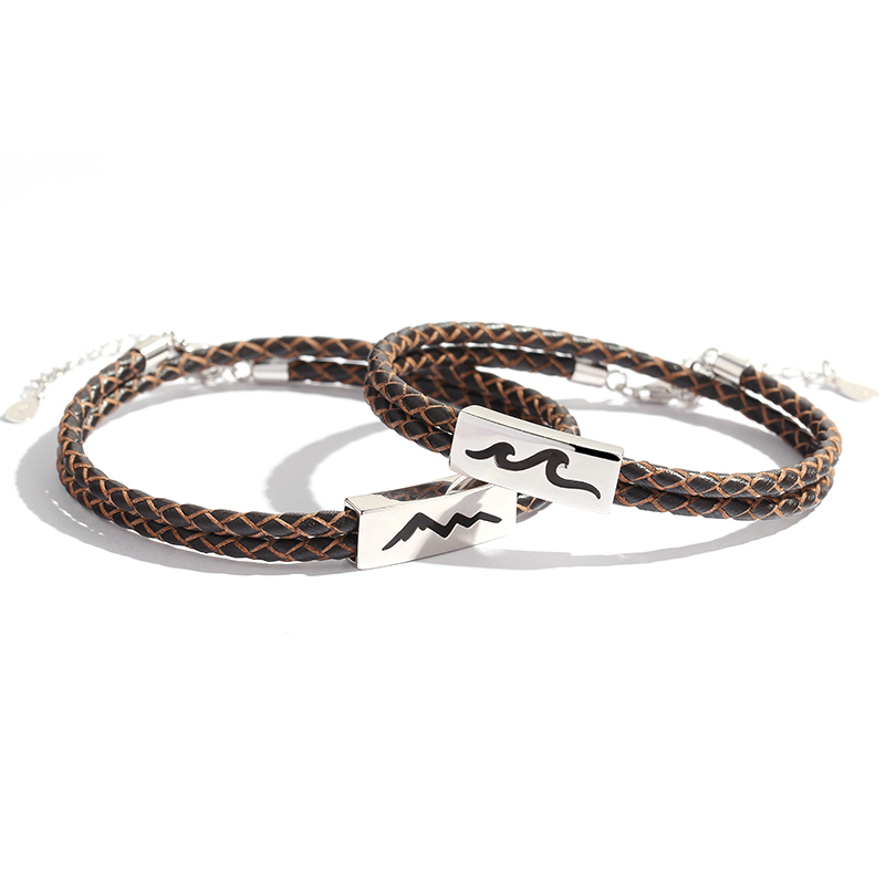 Custom jeweled rhodium-plated 925 sterling silver charm lovers brown leather bracelet(图3)