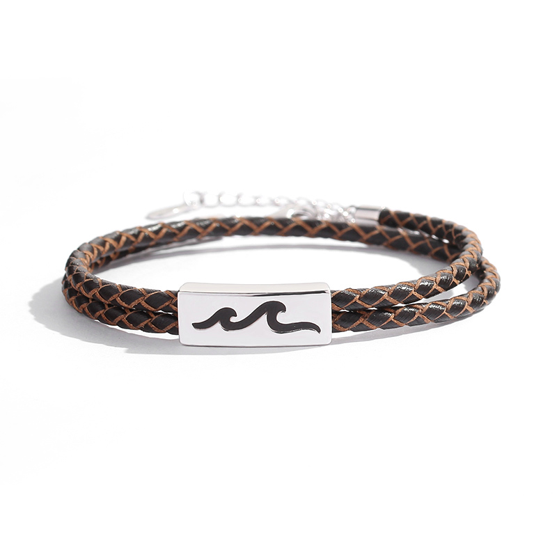 Custom jeweled rhodium-plated 925 sterling silver charm lovers brown leather bracelet(图6)