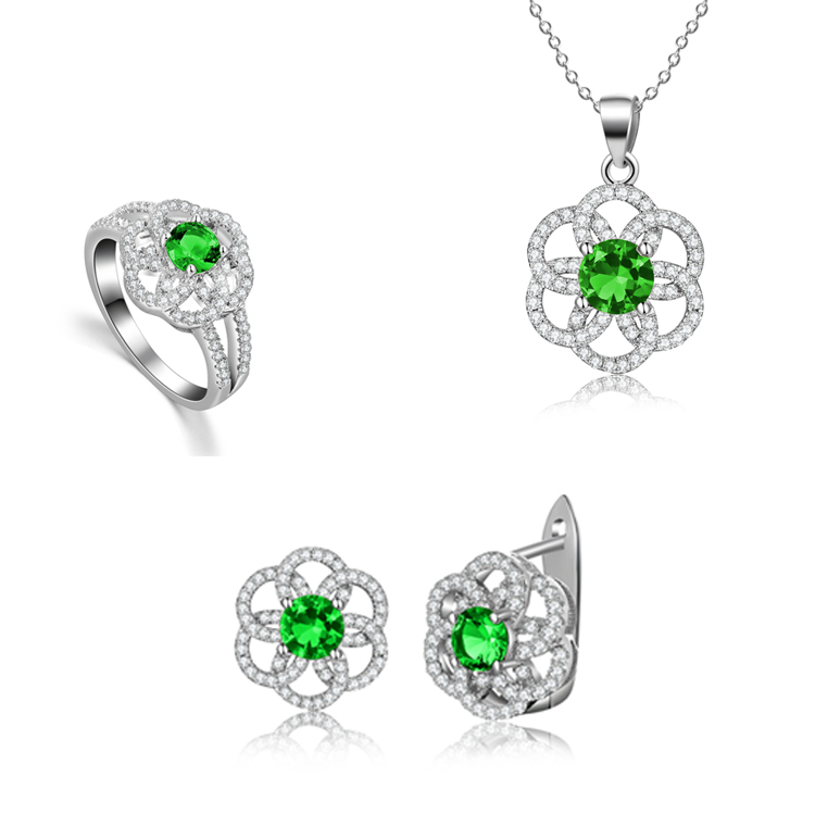 Zirconia 925 Sterling Silver Emerald Green Flower Pendant Necklace Luxury Jewely Set(图2)