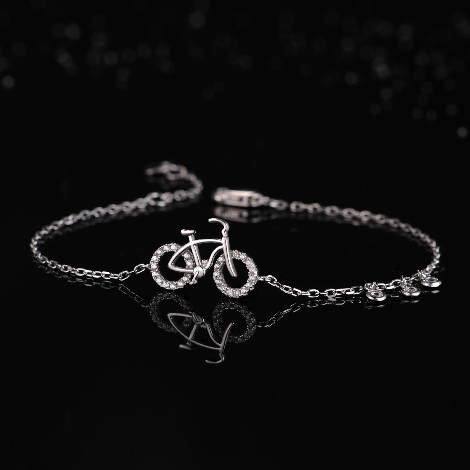 Dainty Bracelets Women Rhodium Plated 925 Sterling Silver Bicycle Charm Cubic Zirconia Bracelet(图4)