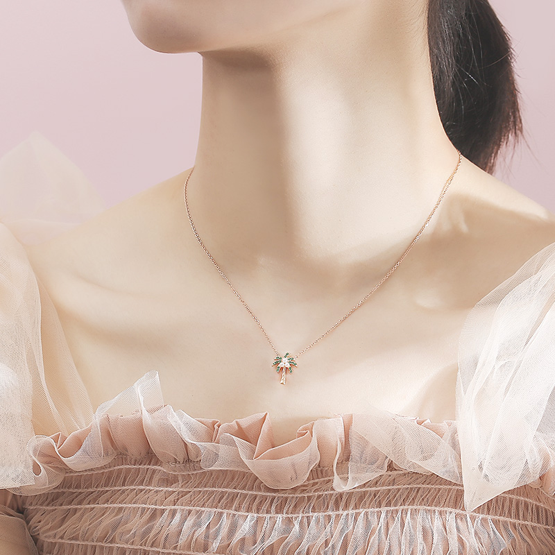 Vintage S925  Rose Gold Plated Women Customized Cubic Zirconia Pearl Coconut Tree Pendant necklace(图8)