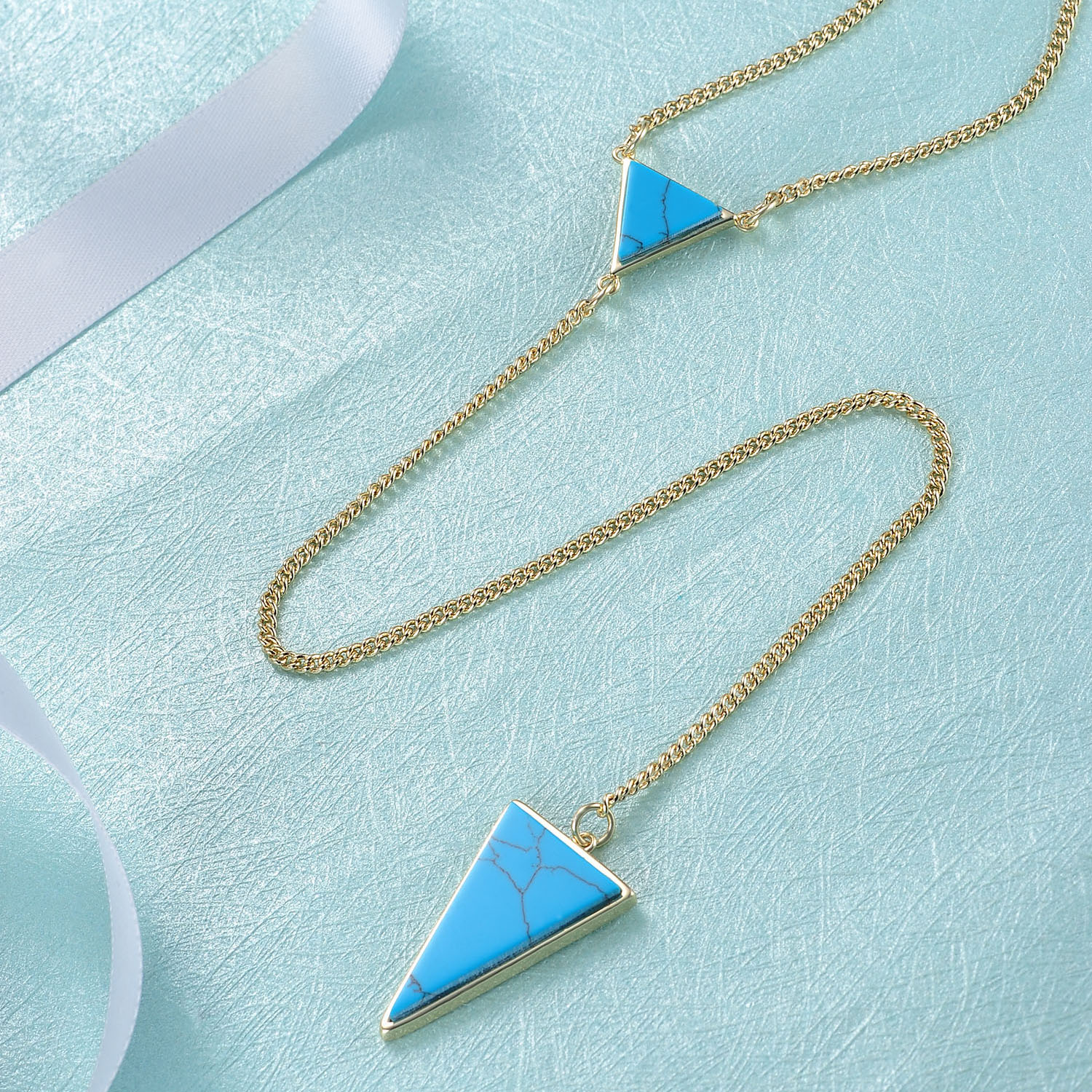 Fashion Costume Unique Hawaii 14k Gold Plated Triangle Earrings Necklace Women Turquoise Jewelry Set(图2)