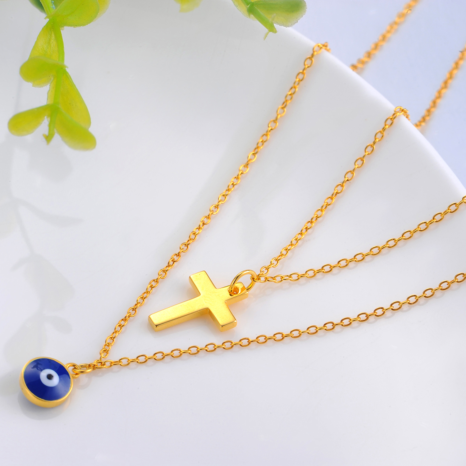 Wholesale 925 Sterling Silver Women Layered Cross Pendant Necklace Gold Plated Jewelry Set(图4)
