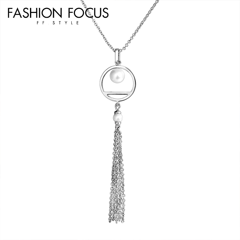 Clothing accessories circle pearl pendant necklace jewelry women brass chain long tassels necklace(图4)