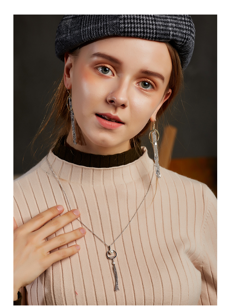 Clothing accessories circle pearl pendant necklace jewelry women brass chain long tassels necklace(图5)