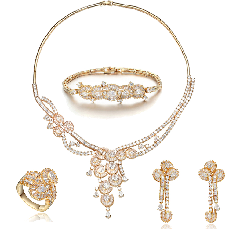 Women Necklace Earrings Ring Bracelet Luxury Bridal 925 Sterling Silver Gold Plated Jewelry Set(图3)