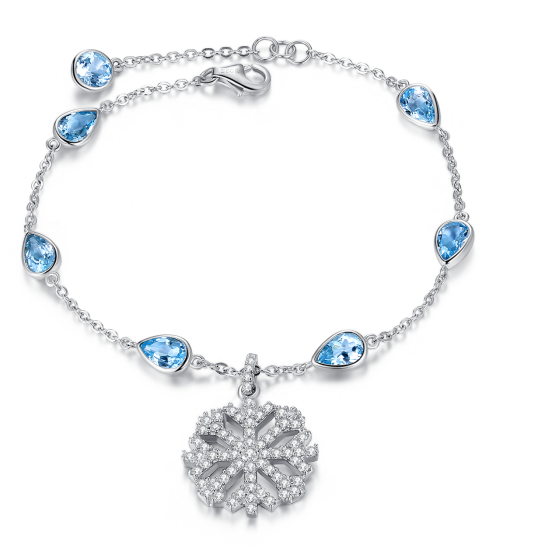 Womens 925 Sterling silver Snowflake Pendant Blue Water Drop Crystal Charm bracelet(图4)