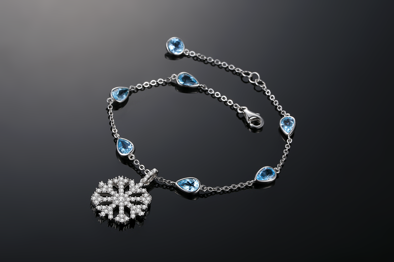 Womens 925 Sterling silver Snowflake Pendant Blue Water Drop Crystal Charm bracelet(图5)