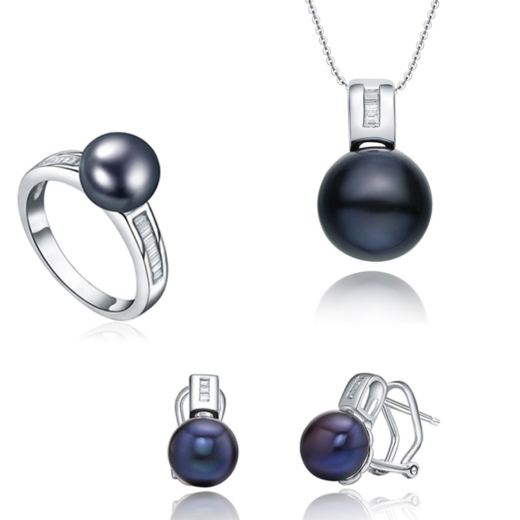  fresh water black pearl zircon 925 sterling silver classic luxury high quality gift jewelry set (图2)