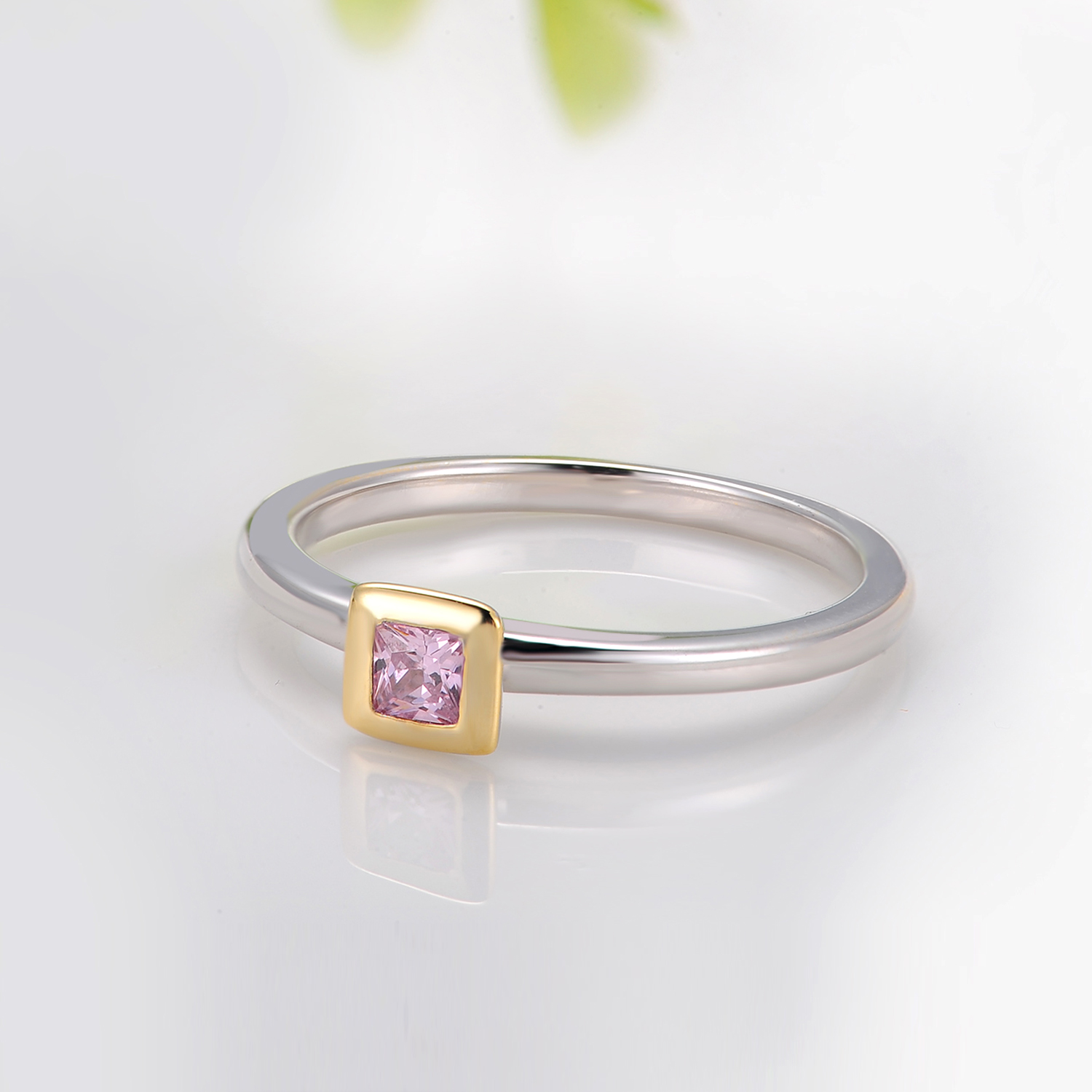 Simple Minimalist Square CZ Zircon Pink Jewelry Women Wholesale 925 Sterling Silver Rings