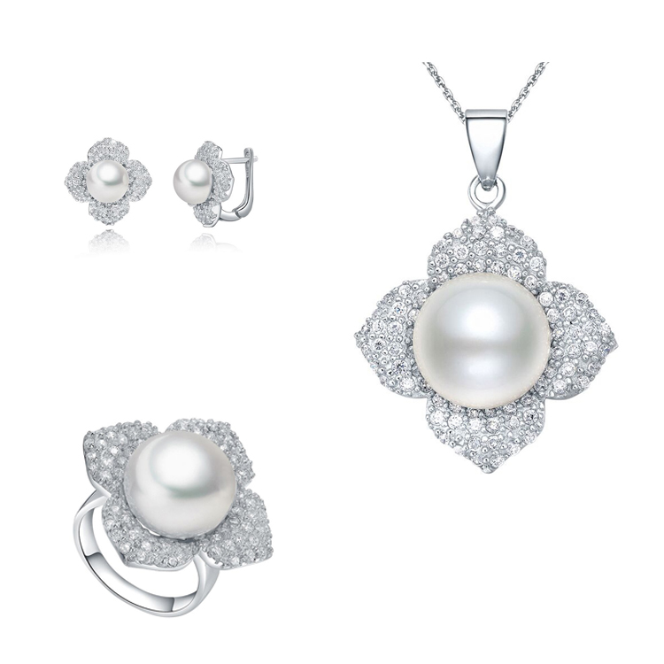 Newest Design Wedding Cz Flower Sterling Silver Freshwater Pearl Women Ring Jewelry Set(图4)
