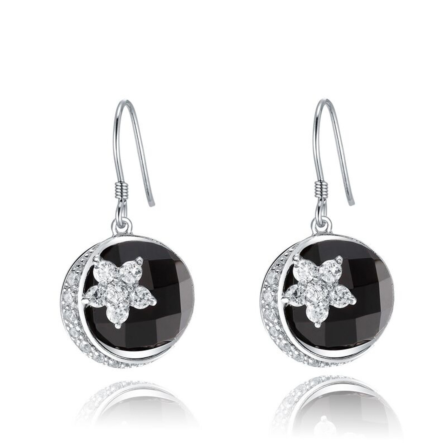 925 Sterling Silver Black Agate And White Cubic Zircon Necklace pendant Hook Earrings Jewelry Set(图5)