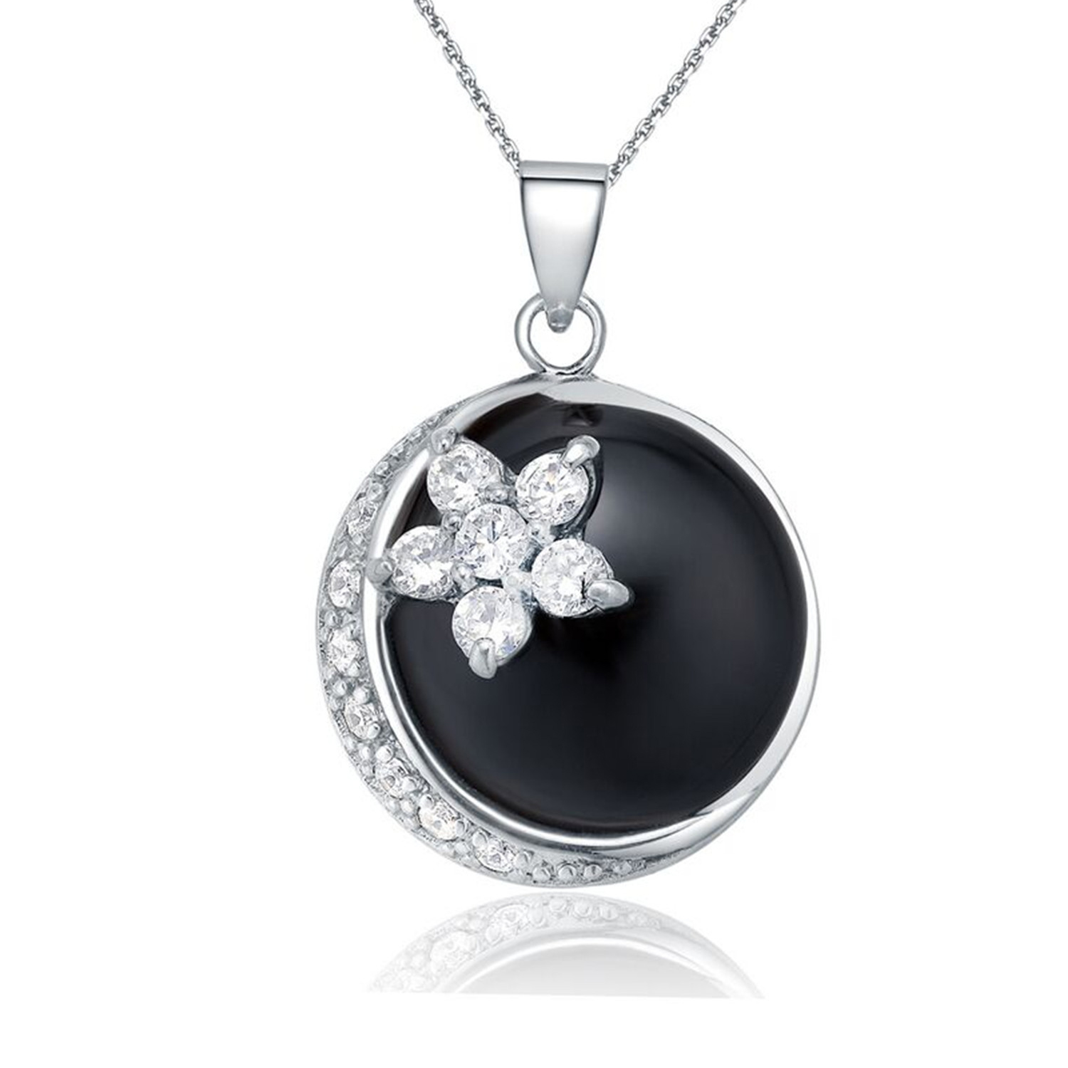 925 Sterling Silver Black Agate And White Cubic Zircon Necklace pendant Hook Earrings Jewelry Set(图6)
