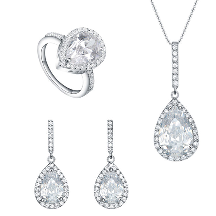 Rings Long Dangle Earrings Pendant Necklace 925 Sterling Silver Women Wedding Jewelry Set(图3)