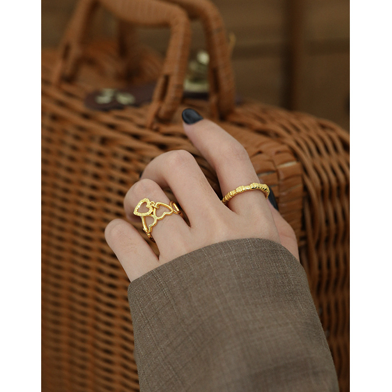 Fashion Minimalist 925 Sterling Silver Wholesale 18K Gold Plated Geometric Hollow Heart Women Ring(图9)