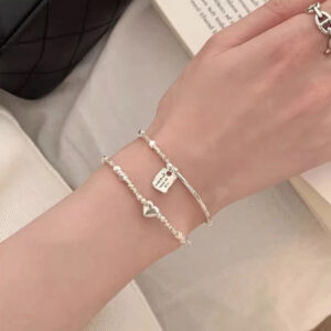 S925 Sterling Silver Jewelry Crushed Heart Square Charm Bracelet Minimalist Luxury Gift for Women Girls Unique Handmade Friendship Present for Her