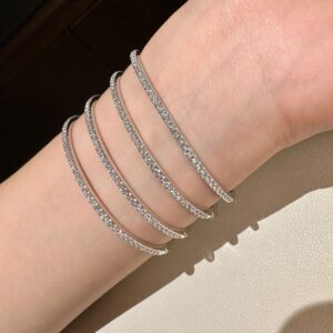 Elegant S925 Sterling Silver Jewelry Half Diamond Half Plain Bangle Bracelet for Women with Sparkling Crushed Semi-Paved Diamonds