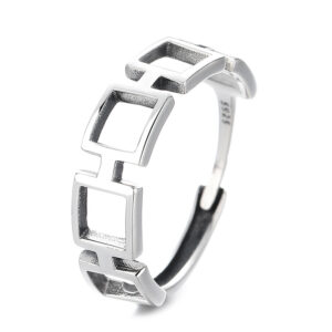 S925 Sterling Silver Hollow Geometric Square Adjustable Vintage Ring Retro Antique Silver Jewelry for Women